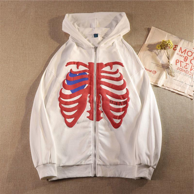 Women's Skull Print Hooded Cardigan - 3D Zipper, Long Sleeve, Autumn/Winter Trend