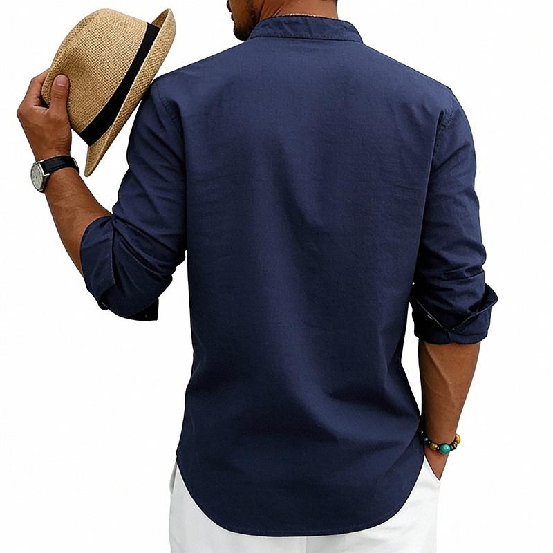 Men Linen Blend Long Sleeve Shirt, Mandarin Collar Ethnic Geometric Print Half Button Henley Shirts Casual Beach Bohemian Tops For Men Multiple Colors