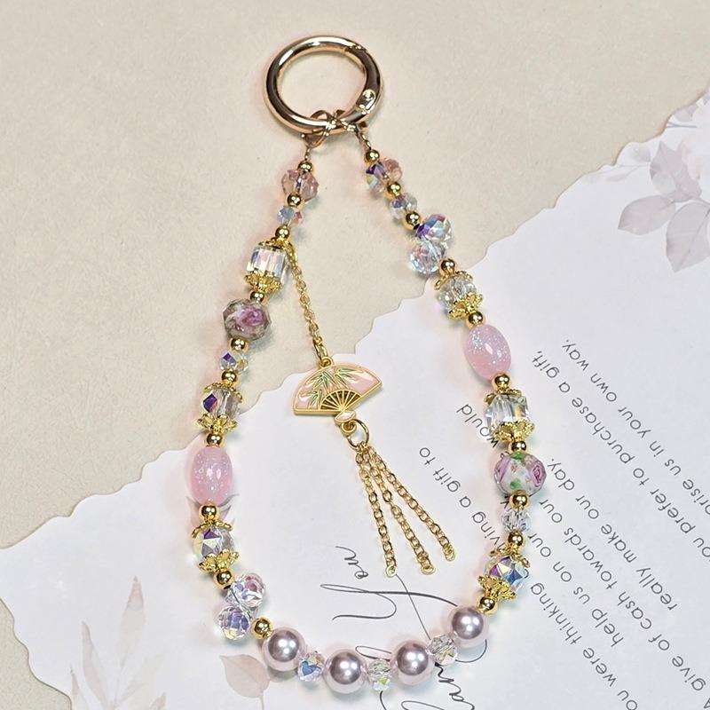 Retro Chinese fan tassel mobile phone chain short wrist portable chain crystal beaded hanging chain mobile phone case hanging de розовый