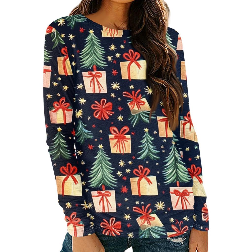 Women's Fashion Round Neck Pullover Plunging Sleeve Tee Christmas Printed Top