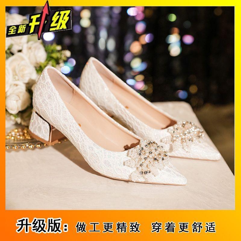 French wedding shoes, bridal shoes, high heels, women's 2025, thick heels, gentle pearls, can usually be worn without tired feet, single shoe women