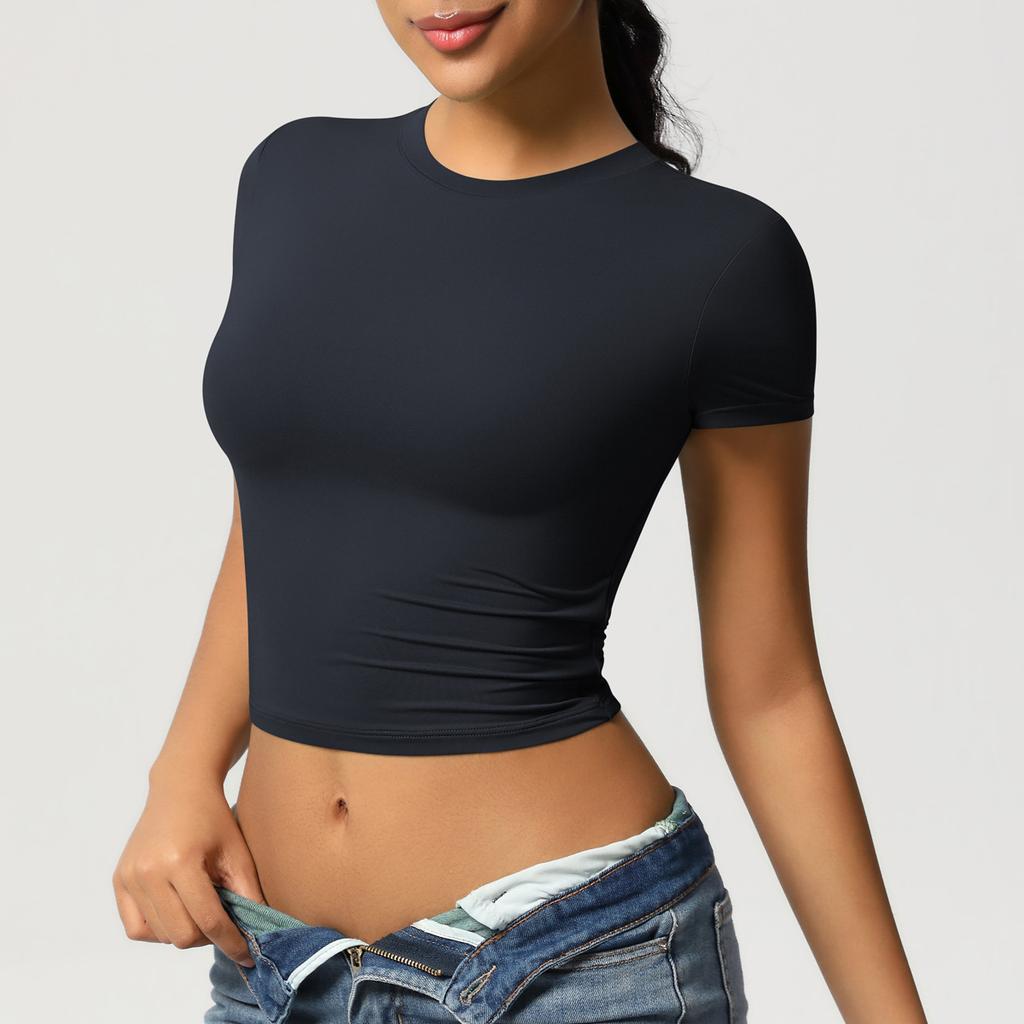 Double Sided Nylon Casual Tight Quick Drying Pilates Top Yoga Suit Short Sleeved Running Fitness T-shirt