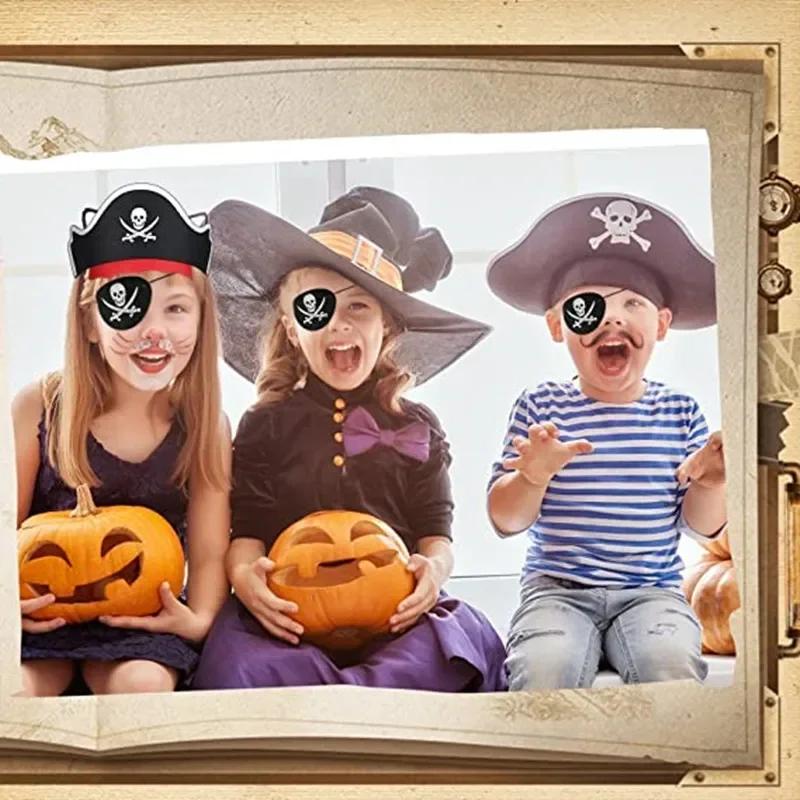 12Pc Pirate Eye Patches Felt Skeleton One-eyed Patch Hat Halloween Captain Pirate Costume Cosplay Kids Birthday Party Decoration