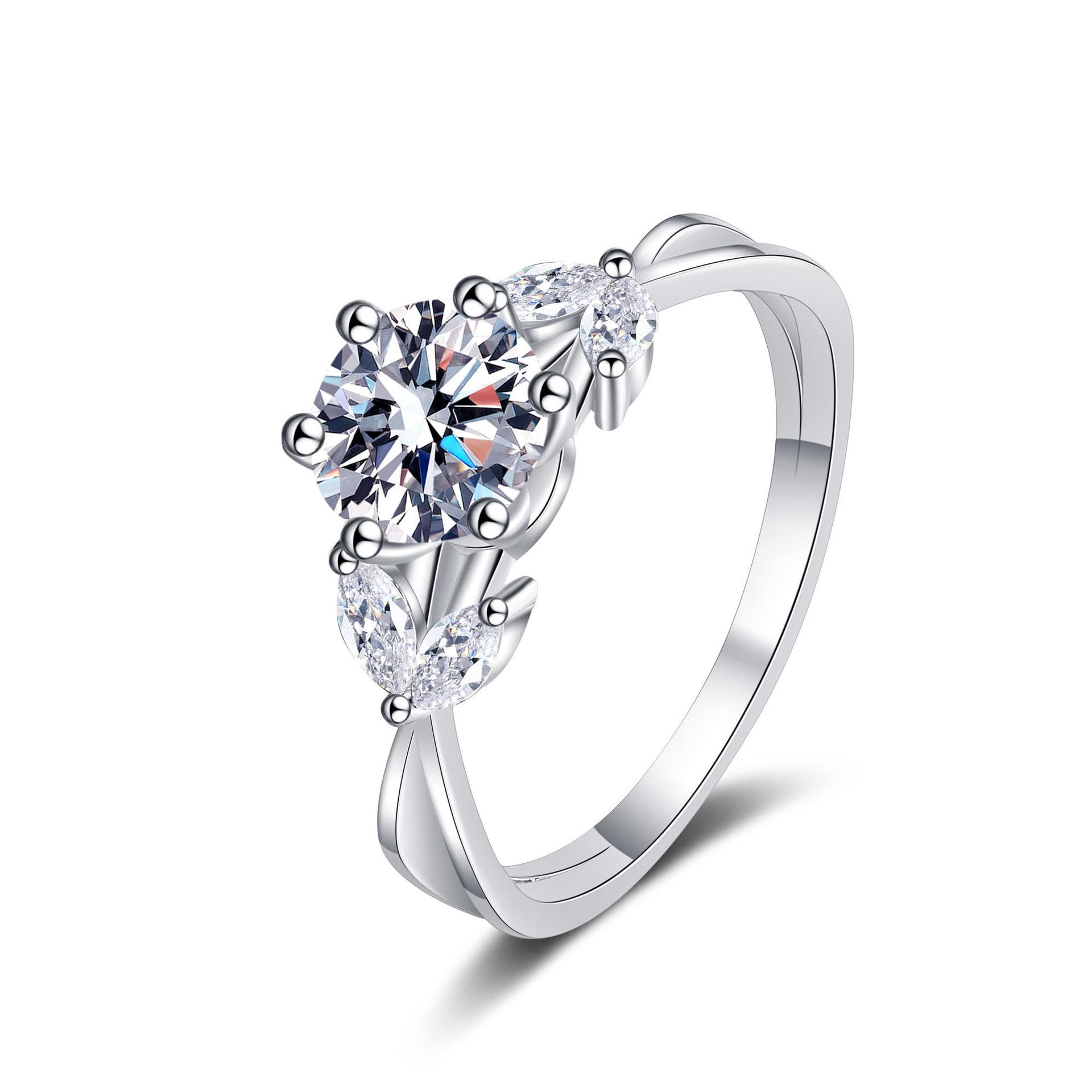 

6.5mm Round Cut Three Stone Leaf Accent Moissanite Engagement Ring S925 Sterling Silver For Women US Size 9 білий