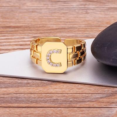 New Arrival Fashion Gold Color Initial Ring Open Design Adjustable Hot Sale Watchband Chain A-Z Letters Zircon Rings For Women