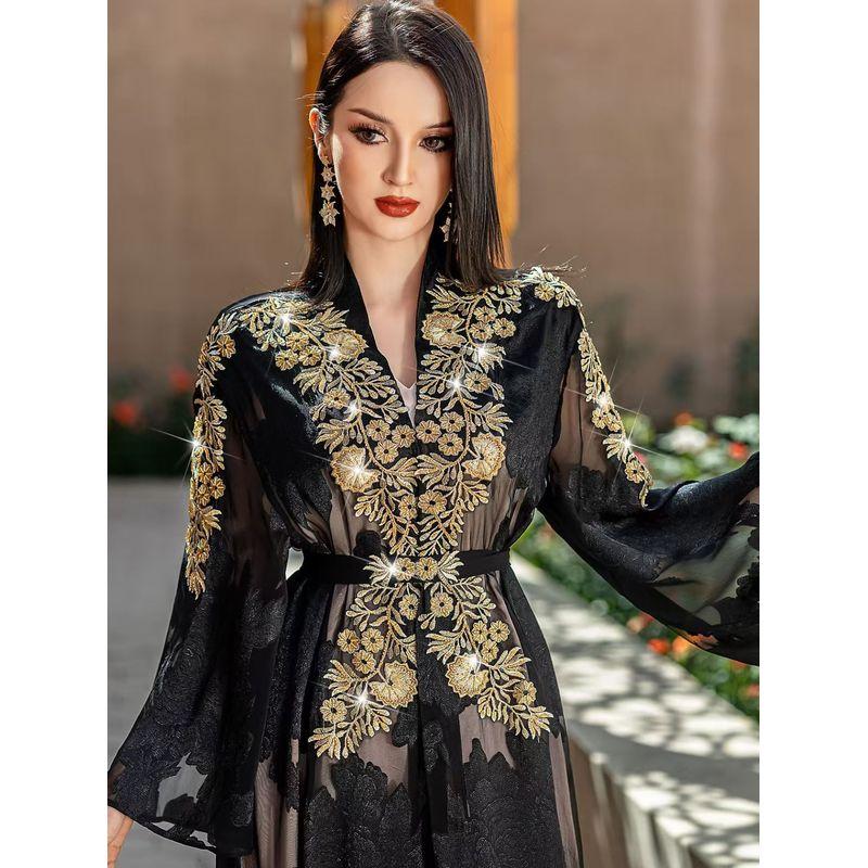 Middle East Lace Embroidery Belt Dress + Inner Skirt Two-Piece Set Lace Embroidered Dress Set