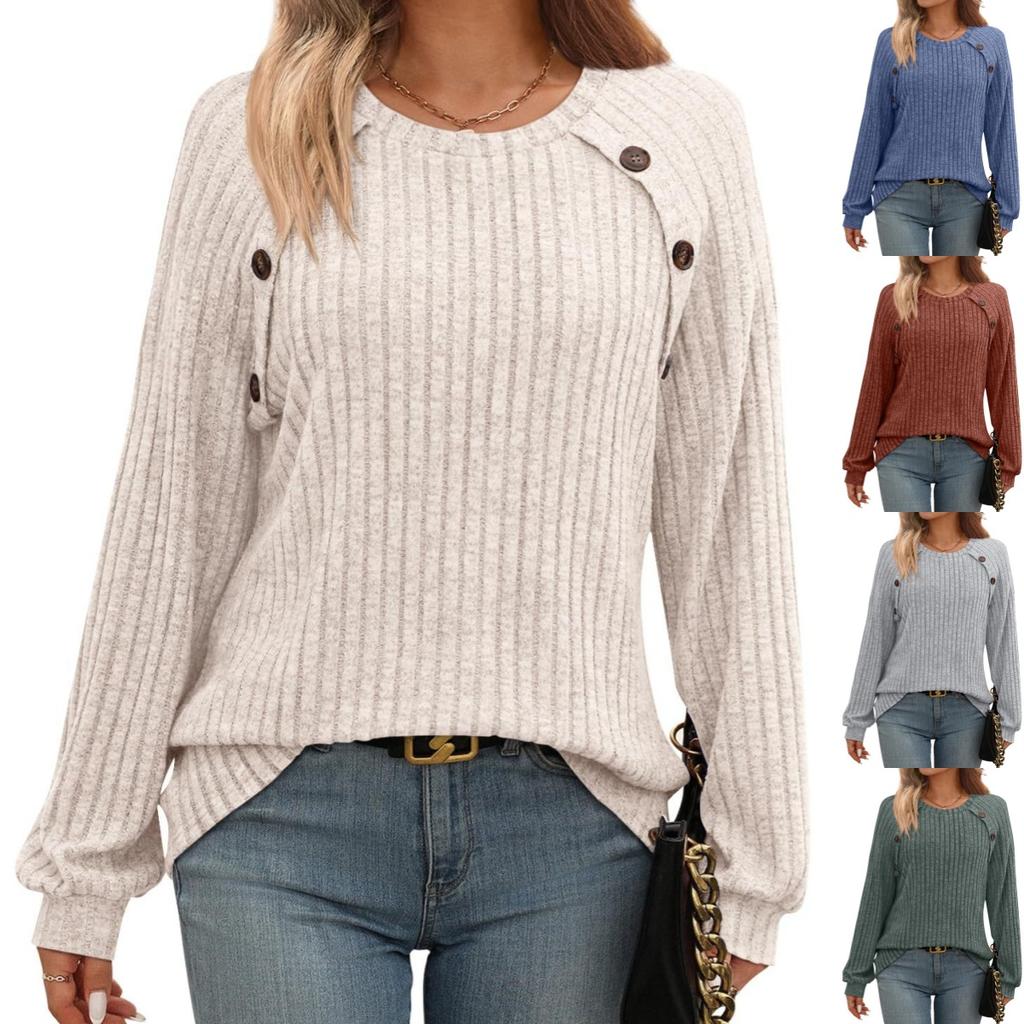 Colors In Stock 2025 Winter New Women's Round Neck Buttoned Patchwork Sweatshirt Bottoming Shirt