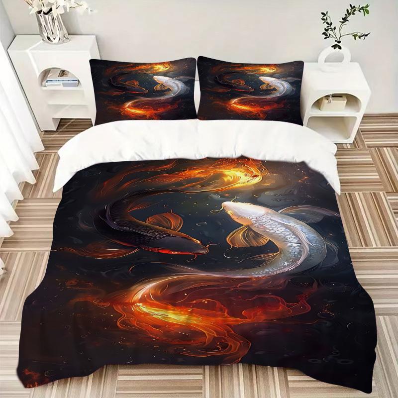 3PCs Koi Fish Yin Yang Design Cover Set, Breathable Fabric(1 Duvet Cover + 2 Pillowcases) (Without Quilt) yy250911185