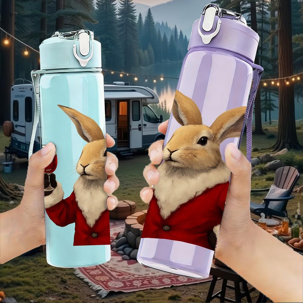 1PC Rabbit Drinking Wine Funny Print 750ml Color Plastic Sports Water Bottle Leakproof Flip Straw Lid Suitable for Sports Office Home Use