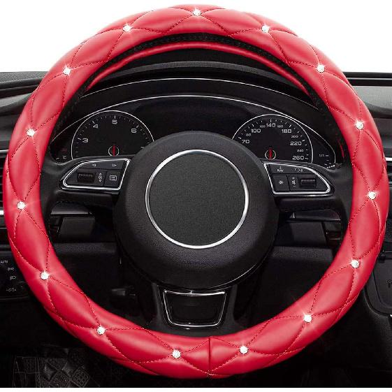 Xizopucy Red Steering Wheel Cover, Leather Car Steering Wheel Cover, Crystal Rhinestones Anti-Slip Soft Accessories For Women And Girl Universal Fit