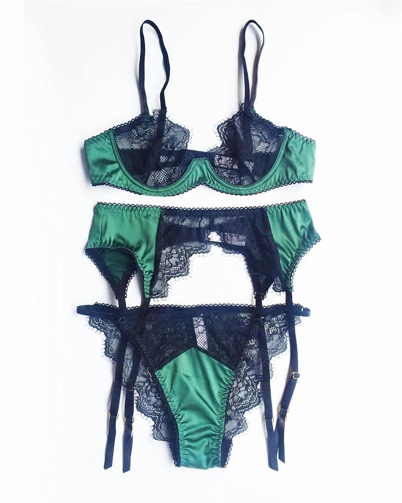 Sexy Dessous-Set, französische Spitze, ultradünn, 1/2 Tasse, Push-Up-BH, Strumpfband und T-Rücken, 3-teiliges Set für Damen, transparente Satin-Unterwäsche