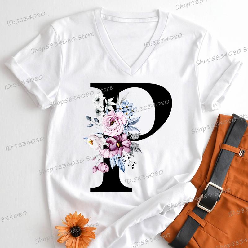 Vintage Flower Alphabet Womens Clothing Letter M Floral Monogram Graphic T Shirts Women AZ 26 Alphabet Gift Shirt for Women