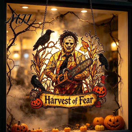 Gothic Porch Hanging Signs Halloween 2D Horror Window Decor, Acrylic Glowing Suncatcher with Outdoor Waterproof Party Supplies Ghost Tree Pumpkin,