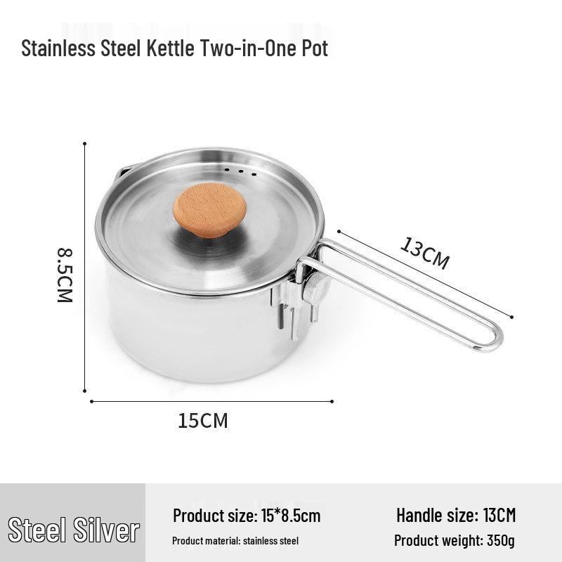 304 Stainless Steel Camping Kettle & Detachable Soup Pot 1L