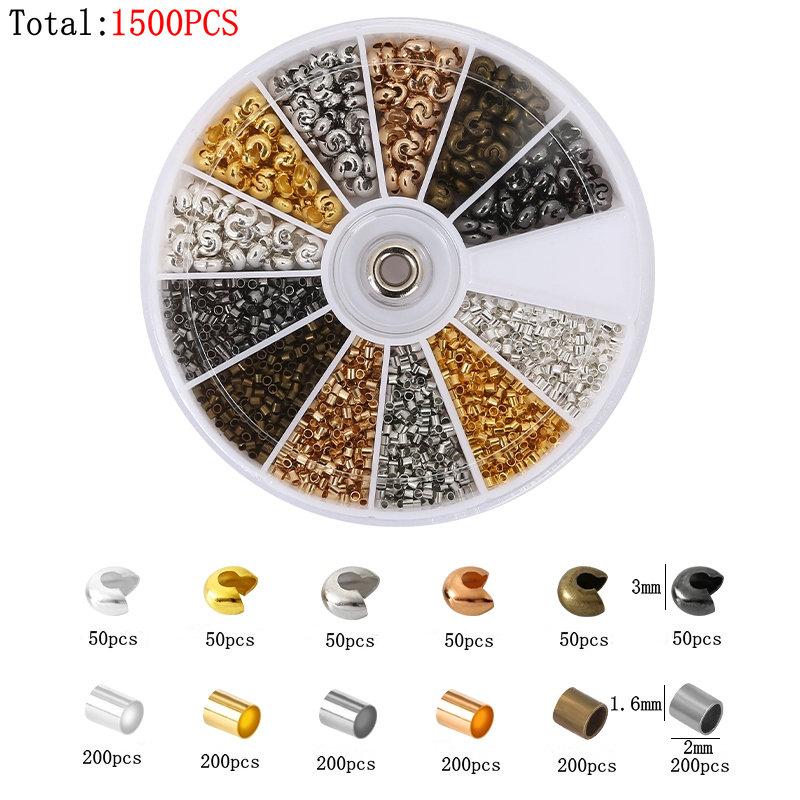 600pcs/Box 6 Styles Brass Tube Crimp Beads Tips Knot Covers Wire Guardians Protectors End Bead for DIY Jewelry Making Supplies