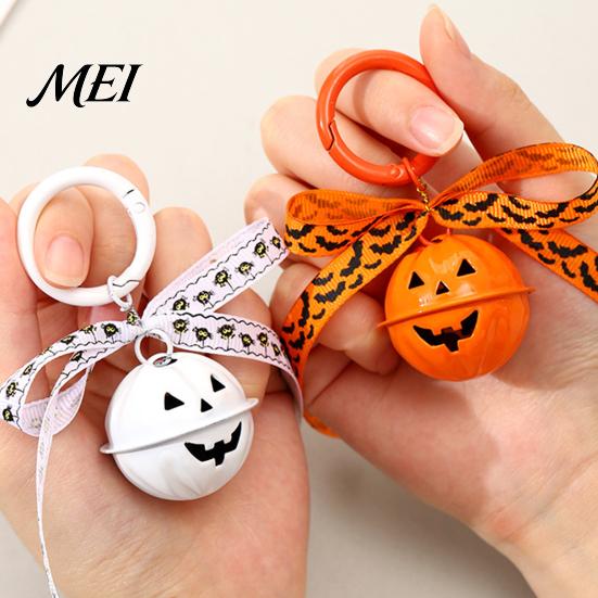 Hanging Bell Keychain Halloween Pumpkin Keychain, Hollow Head Key Ring Decorative with Ribbon Bow, Backpacks Charm for Holiday Party Decoration