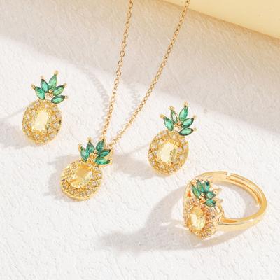 Necklace Female Fanta Stone Yellow Diamond Pineapple Creative Fruit Green Diamond Stud Earrings Open Ring Set Accessories