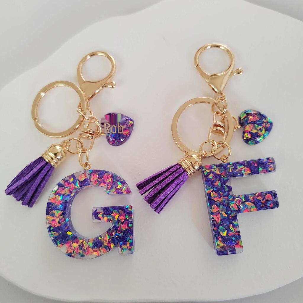 Candy Color Sequin Letter Keychain with Iridescent Heart and Tassel Charm