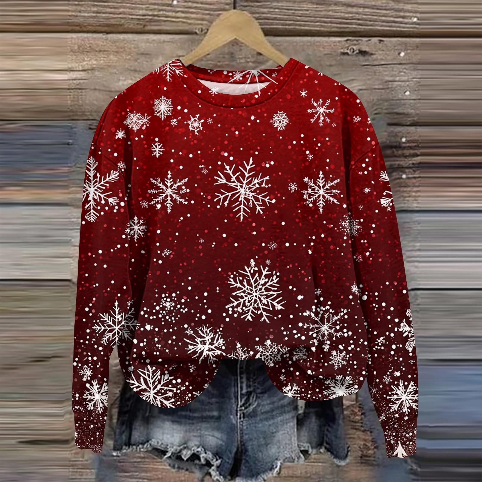 

Женская мода круглый вырез пуловер длинный рукав футболка рождественский принт топ S