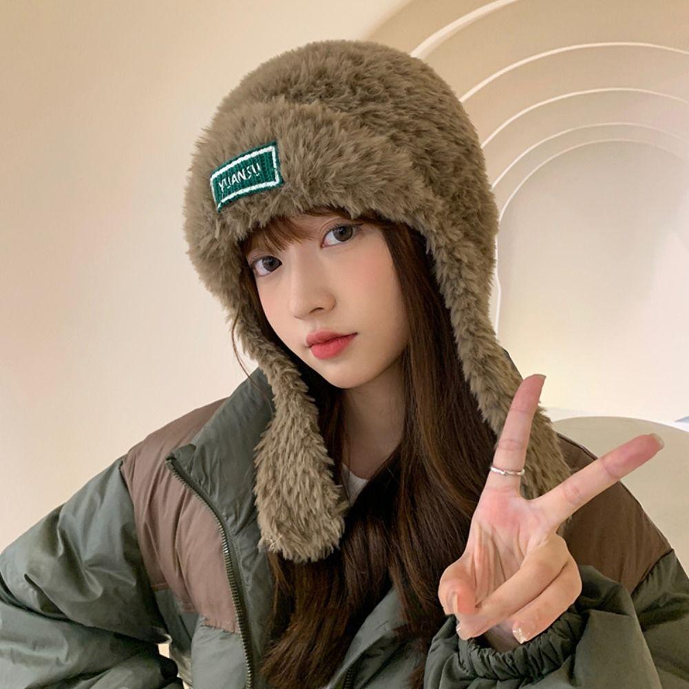 Earmuffs Woolen Beanie Hat Solid Color Winter Hood Hat Cute Plush Ear Protection Hat  Female/Girls