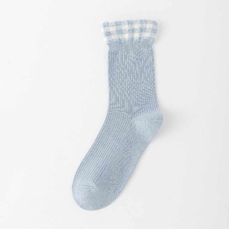 Ladies' Autumn Patchwork Checkered Lace Mid-calf Socks Are Comfortable and Versatile. Cotton Pile Socks