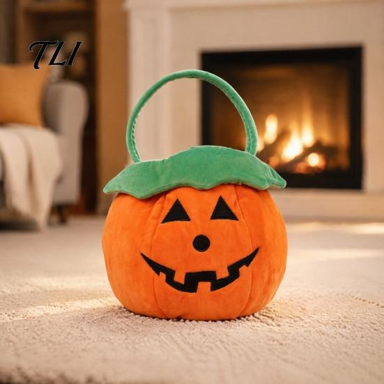 Soft Plush Halloween Tote Pumpkin Bucket, Cute Trick-or-Treat Bag, for Kids Candy Basket with Handle Girls Boys Party Favors Festive Gift Bag Children