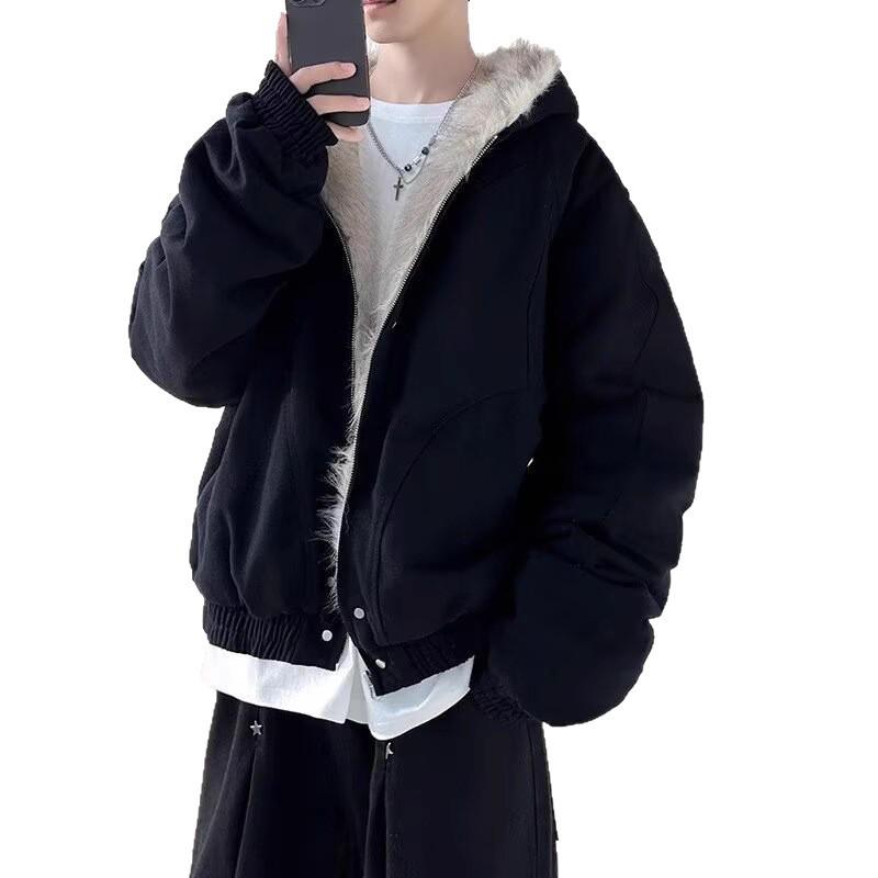 Men's Harajuku-Style Fur Collar Cotton Jacket, Autumn/Winter Fashion, Japanese-Inspired, Casual, Short, Warm, and Stylish.