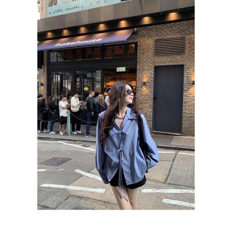 Camicia con papillon da donna, nuova per la primavera e l'autunno, stile retrò francese, top ampio