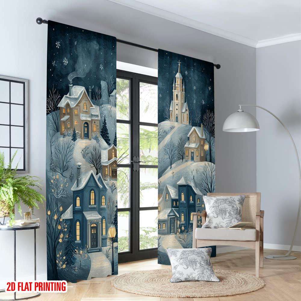 2pcs 2D flat printing Christmas Hot Party Curtains Cozy Winter Village Snow Scene Digital Printed Polyester Drapes Birthday