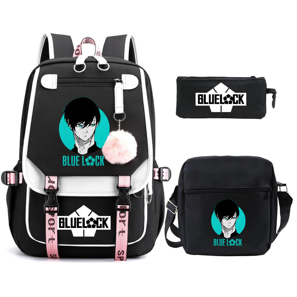 Blue Prison Student School Bag Large Capacity Children'S Shoulder Bag Casual Pencil Bag Set