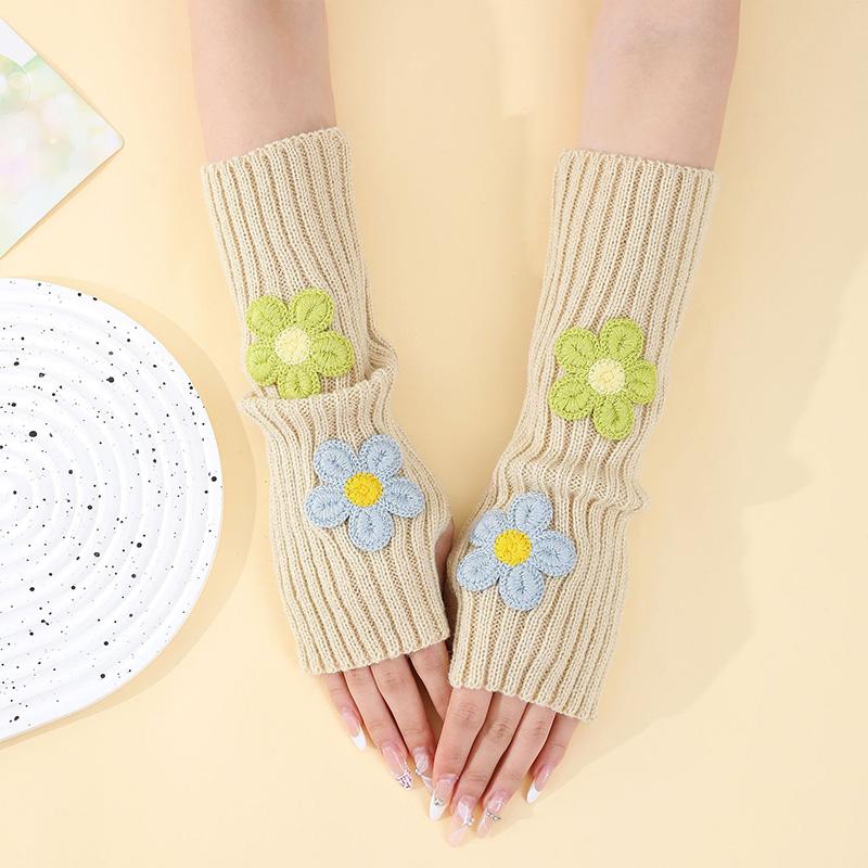 1 Pair Sleeves for Women Y2k Accessories Sweet Pink Flower Half Finger Arm Warmers Preppy Style Winter Knit Fingerless Gloves