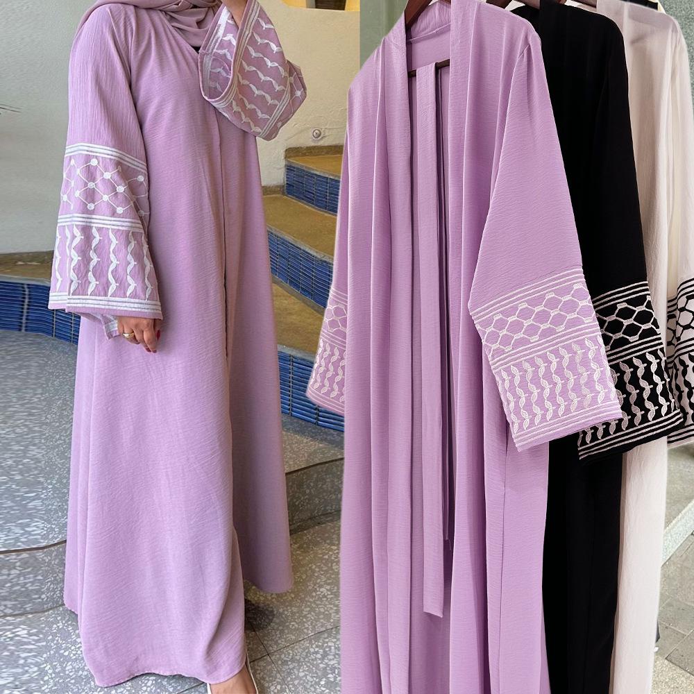 Elegant Embroidered Middle Eastern Muslim Tie-Up Cardigan Dress with Pockets