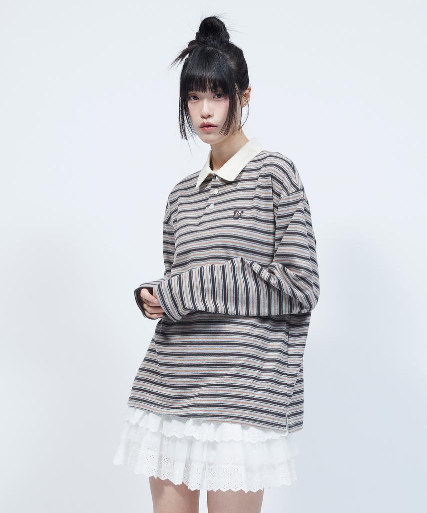 LMR Multi-Stripe Collared Long Sleeve T-Shirt Grey