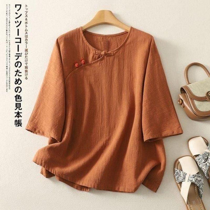 Women Chinese Style Frog Button Round Neck Three Quarter Sleeve Linen Cotton Blend Blouse