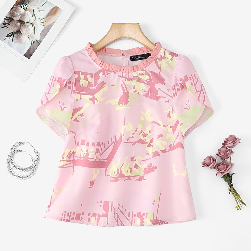 

ZANZEA Women Casual Round Neck Summer Short Sleeve Print Blouse S рожевий