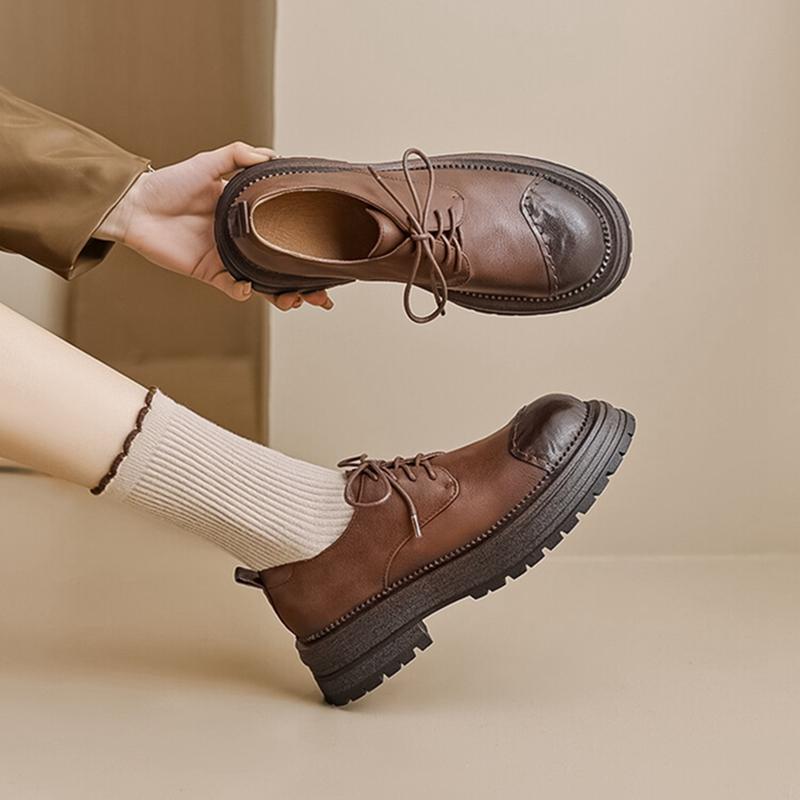 Fashion NEW Spring/Autumn Women Shoes Genuine Leather Shoes for Women Round Toe Chunky Heel Shoes Casual Lace-up Platform Women Pumps