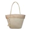 Woven Straw Tote Bag with Beaded Tassel and Open Top Design for Summer Beach or Casual Daily Use
