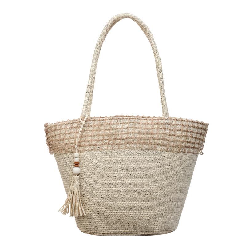 Woven Straw Tote Bag with Beaded Tassel and Open Top Design for Summer Beach or Casual Daily Use