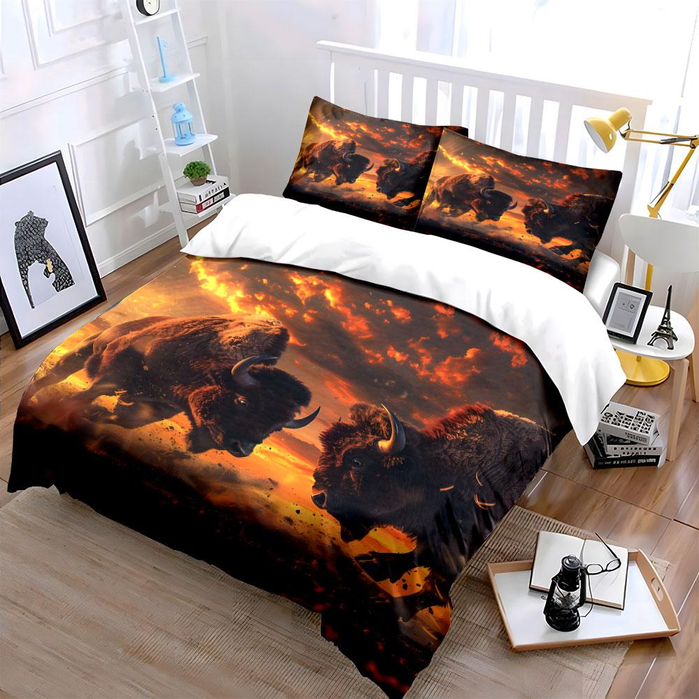 "Bison Sunset Art Decor Trio" Bedding Set with 1 Duvet Cover 2 Pillowcases Single Double King Queen, Gift