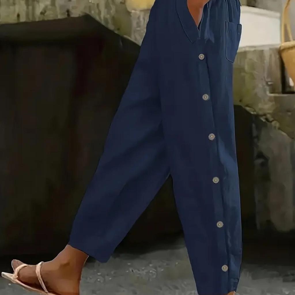 Plus Size Women's Solid Color Casual Straight-Leg Button Pants Dark Blue Comfortable All Season Wear No Stretch Pants
