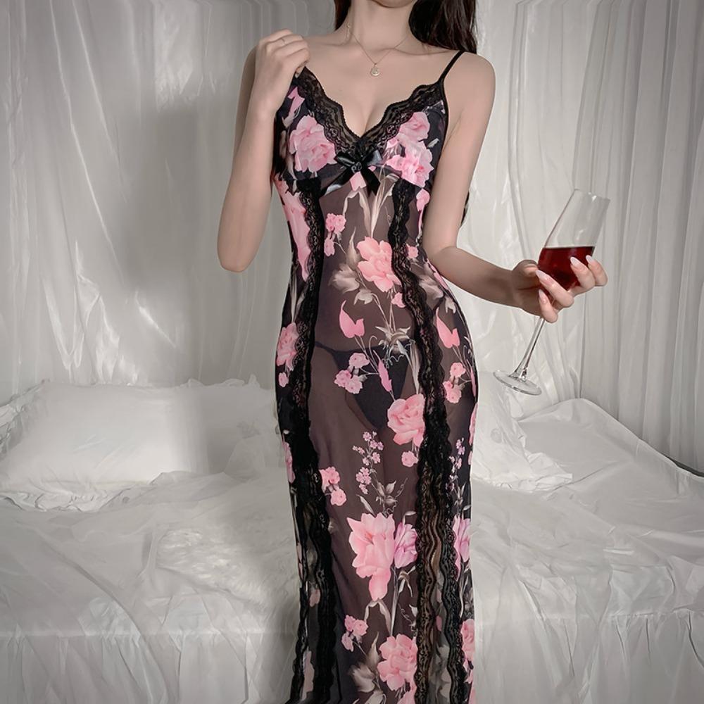 Sexy Mesh Deep V Lace Pajamas Side Split Suspender Skirt Extended Loungewear Pajamas