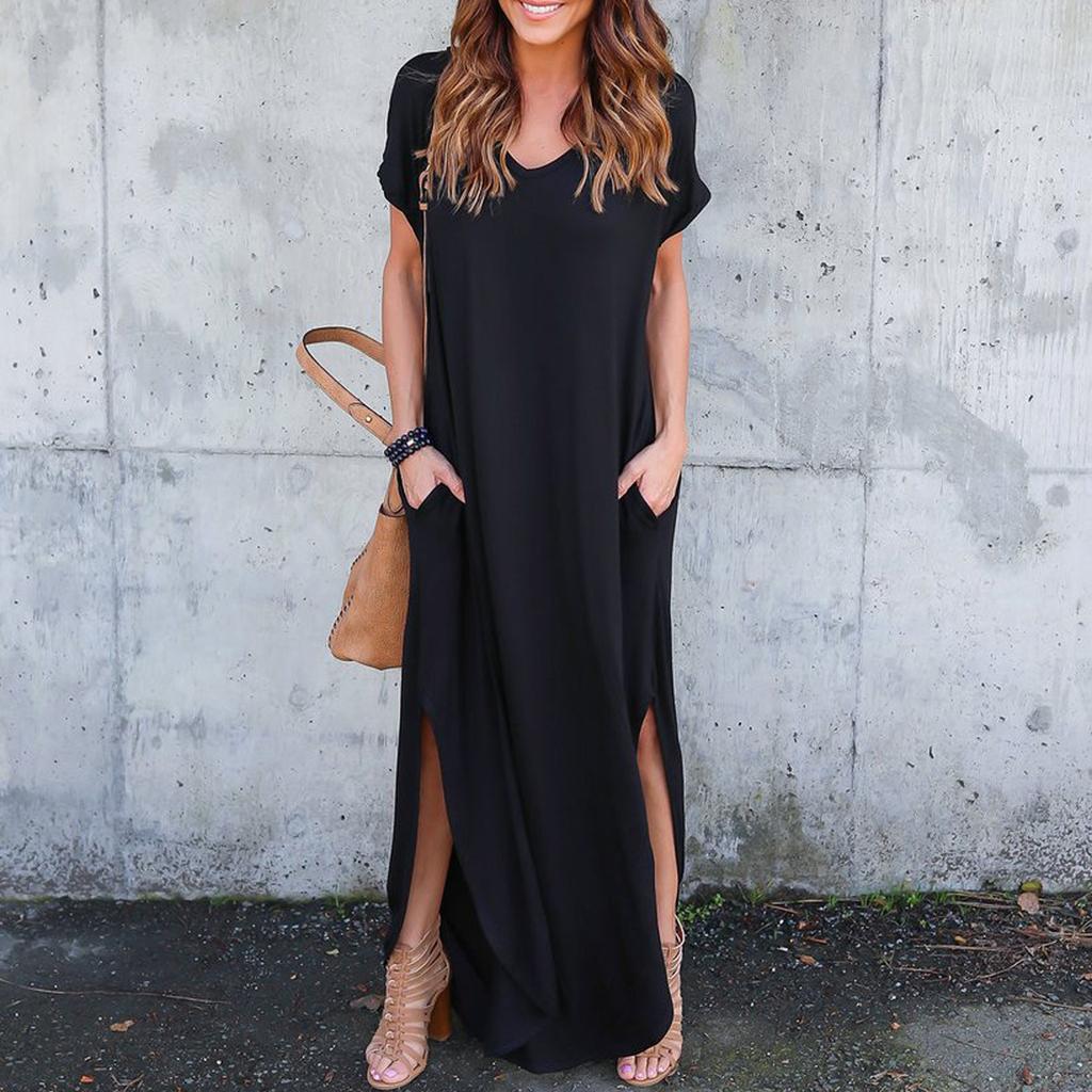 Women's V Neck Casual Summer Beach Long Dress Short Sleeve Split Loose Maxi Dress With Pocket