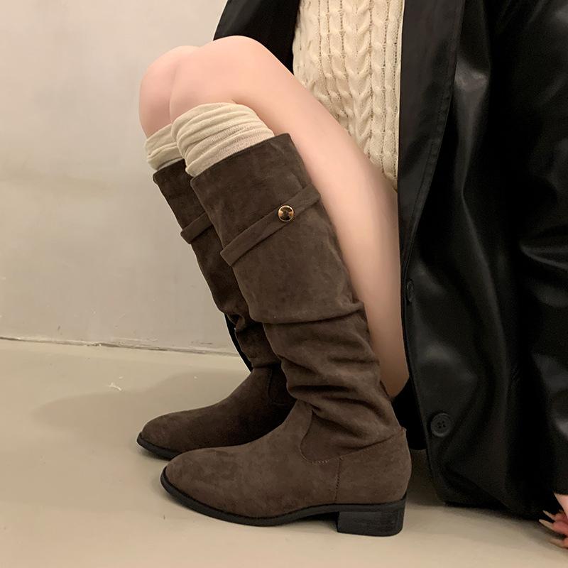 Coarse Heel Suede Khaki Pile Medium Tube Knight Boots Women's Shoes New Autumn and Winter Skinny Long Tube Long Boots