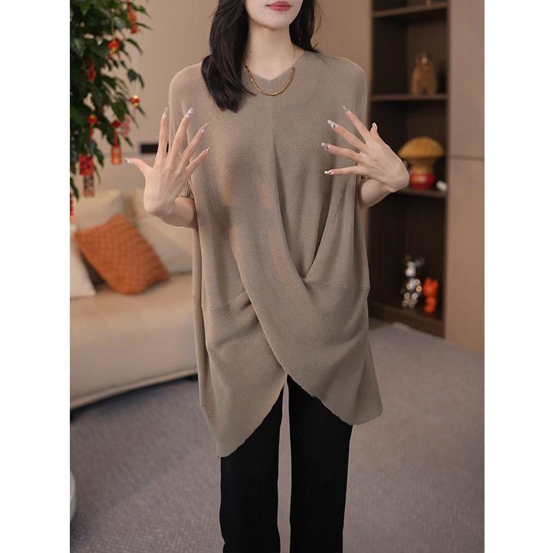 Dámské letní pletené topy s křížovým designem pro větší velikosti, dámské ležérní volné tričko s netopýřím rukávem