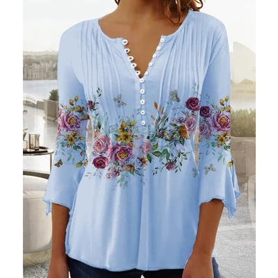 Spring Fashion Flower Print Shirt Women Elegant V-neck Short Sleeve Blouse Woman Button T-shirt Casual Tops Women Clothes 25898