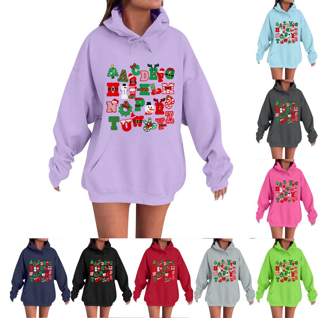 Damemote, Avslappet Og Komfortabel Genser Med Rund Hals Og Hette, Langermet Juletrykk, Varm Genser