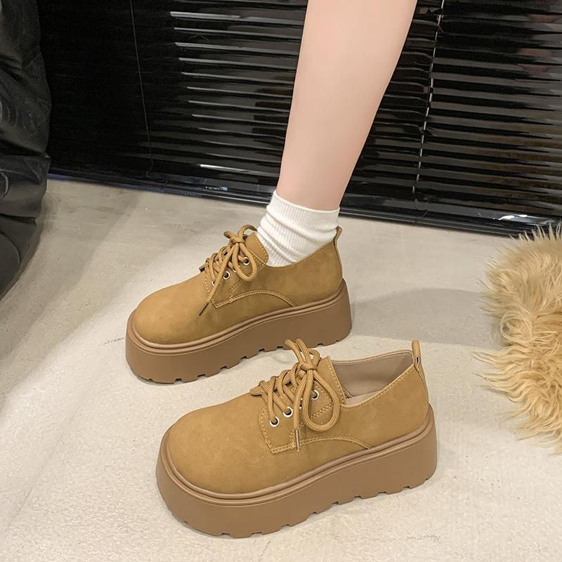 Retro lace-up platform women's spring new small trendy and frosted leather shoes