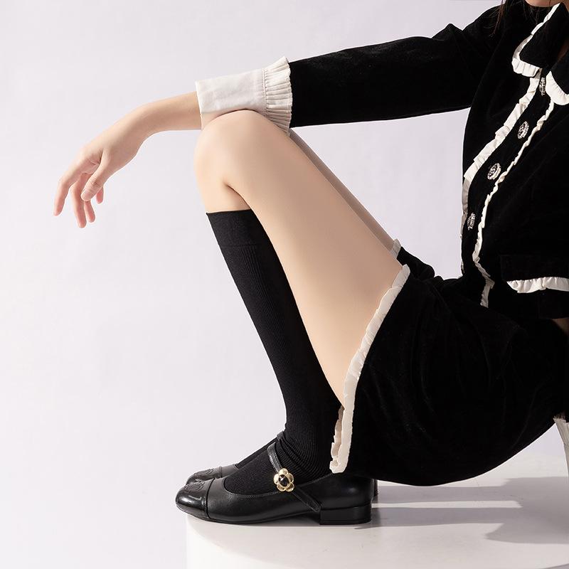 Women's Spring and Autumn Solid Color Long Stockings for Slimming, Retro Ankela Red Solid Color Knee-length Slimming Legs