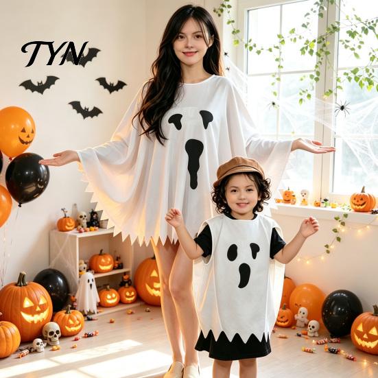 Durable Ghost Outfit for Halloween Decoration Poncho Costume Kids Adults, Spooky White Cloak Soft Friendly Dress Kindergarten Performance with