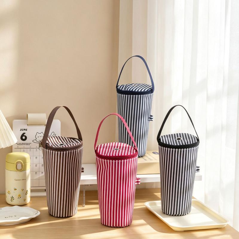 Thermal Lined Striped Tumbler Bag with Handle Insulated Water Bottle Carrier for Commuting Outdoor Activities
